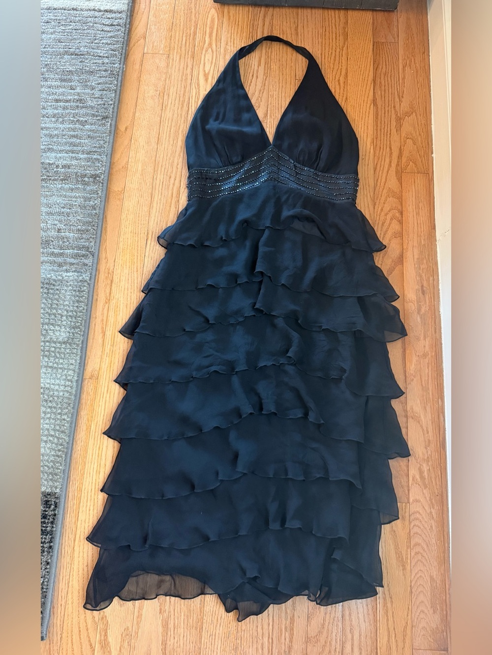 Dave & Johnny By Laura Ryner Black Halter 100% Silk Ruffled wTiered Dress Sz 7/8